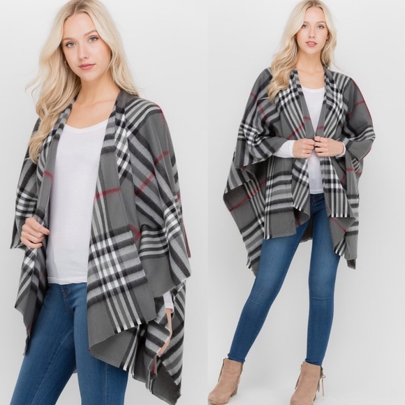 Classic Plaid Poncho Cardigan Scarf Wrap - Picture 6 of 8